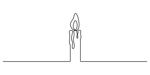 Continuous one line drawing of a candle with flame blending into a swirl, minimalist continuous single line art in black on white vector illustration