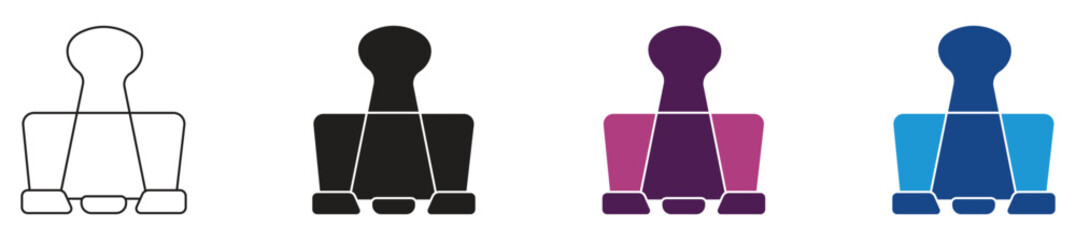 Paper clips icon set. Different color binder clip collection, metal paper holder. Vector illustration.