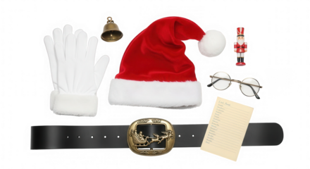 Santa Claus outfit accessories and Christmas gift wish list laid out on a black background for festive celebrations