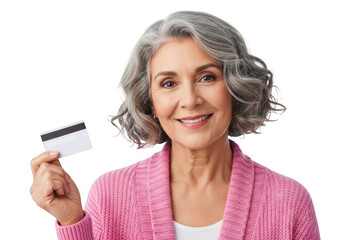 Smiling mature woman holding a credit card in her hand isolated on transparent background