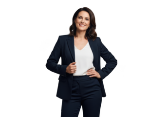 Smiling professional woman wearing a dark suit and white blouse confidently posing with her hand on her hip isolated on transparent background