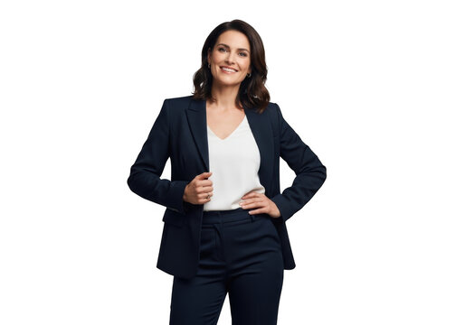 Smiling professional woman wearing a dark suit and white blouse confidently posing with her hand on her hip isolated on transparent background