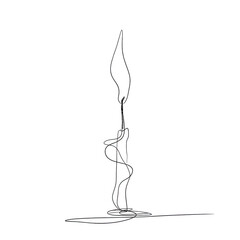 Minimalist one line art illustration of a burning candle on black background.