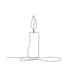 Simple one line art illustration of a burning candle with glowing flame.