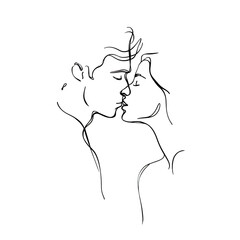 Artistic One Line Drawing of a Romantic Couple Sharing a Kiss