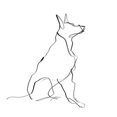 Minimalist one-line art illustration of a sitting dog on a black background
