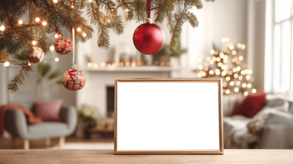 festive holiday decorations with blank frame on table