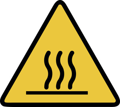 Warning sign for hot surface showing steam with black outlined triangle on a yellow background