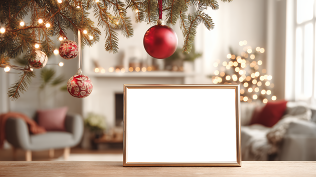 festive holiday decorations with blank frame on table