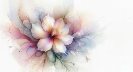 Banner, wall art of delicate abstract flower painting, pastel colors, ethereal style, fluid watercolor, decorative art. Space for texts