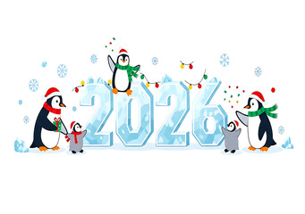 Obraz premium Cute Cartoon Penguins Decorating Icy 2026 New Year Banner