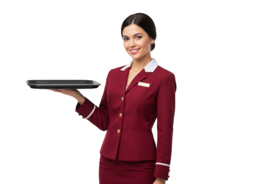 Smiling woman in burgundy uniform holding a serving tray with a professional demeanor isolated on transparent background