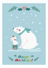 Vector Christmas card with cute polar bear and bunny. Perfect for Christmas cards, posters.