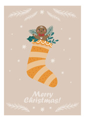 Vector Christmas card with a stocking containing gifts, twigs, leaves and a cute gingerbread man. Perfect for Christmas cards, posters.