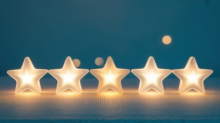 Glowing Star rating : Five glowing stars, representing the highest level of achievement, stand in a row against a soft-focus background of gentle light, suggesting excellence and premium quality.