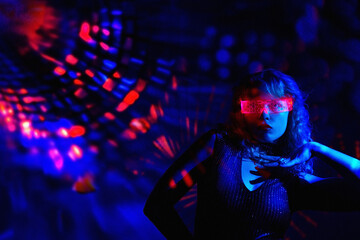 Person wearing VR glasses dancing in neon-lit nightclub with cyberspace theme