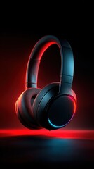 Wireless headphones hovering over black background with red and blue backlight, minimalist style, product mockup