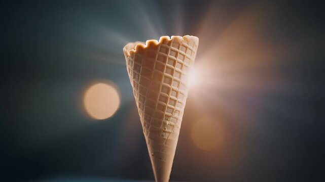 Empty waffle ice cream cone catching the light with a bokeh background
