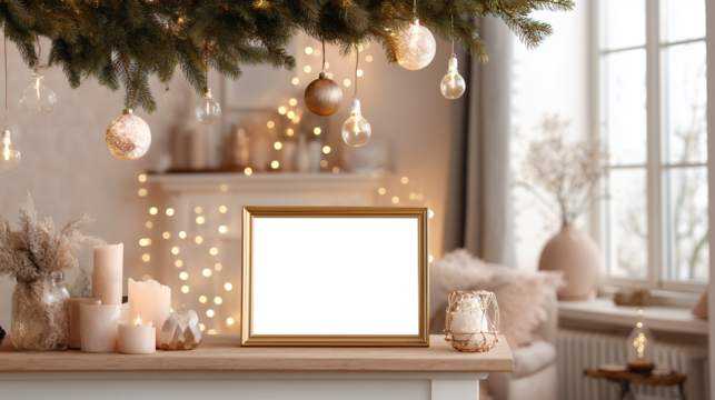 festive holiday decorations with blank frame on table