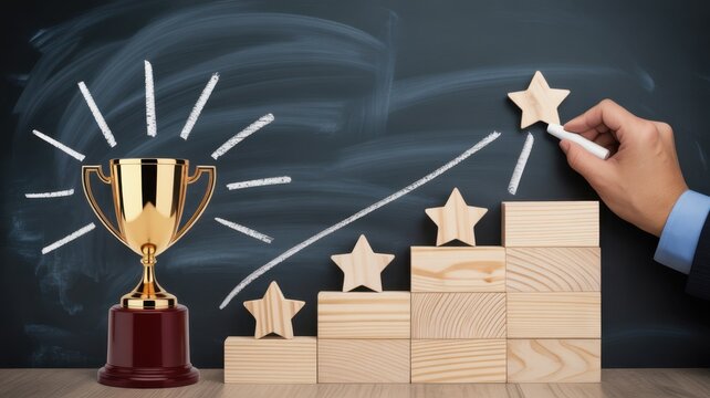 Striving for Success: A metaphor of ambition and the relentless pursuit of goals. A golden trophy stands as a symbol of achievement, with stars representing milestones.