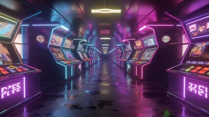 A vibrant, futuristic arcade hallway illuminated by neon lights, featuring rows of glowing retro-style gaming machines with reflective floors creating a captivating cyberpunk aesthetic. - Powered by Adobe