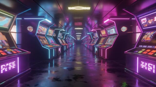 A vibrant, futuristic arcade hallway illuminated by neon lights, featuring rows of glowing retro-style gaming machines with reflective floors creating a captivating cyberpunk aesthetic.