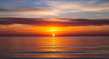 Naklejka premium Golden Hour Serenity - A Tranquil Sunset Over the Ocean.