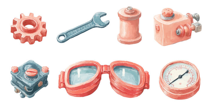 Collection of Inventor Tools with Gear, Wrench, and Gauges on Transparent Background