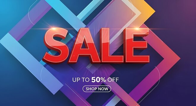 Colorful geometric sale banner with up to 50 off discount offer