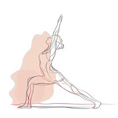 Colorful one line art illustration of a woman in a dynamic yoga pose.