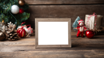 festive holiday decorations with blank frame on table
