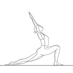 Continuous one line drawing of a woman in a crescent lunge yoga pose.
