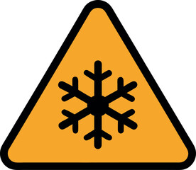 Winter road sign warning of icy conditions and snowfall 