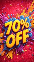 A bright and colorful animated advertisement for a limited time 70% discount, with large exaggerated text "70% OFF"