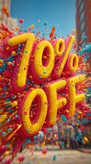 A bright and colorful animated advertisement for a limited time 70% discount, with large exaggerated text "70% OFF"