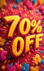 A bright and colorful animated advertisement for a limited time 70% discount, with large exaggerated text "70% OFF"