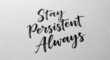 Inspirational quote on a white wall encouraging perseverance and determination with the words 'Stay Persistent Always' in stylish black calligraphy