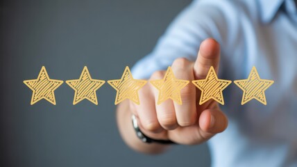 Service Assessment: A hand reaches out to touch golden stars, symbolizing the user's positive feedback, the customer service experience is rated and the appreciation is given
