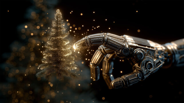A metallic robot hand gently interacts with a shimmering, digital christmas tree in a scene of technological wonder.