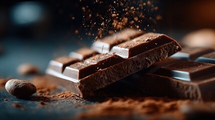 Dark chocolate bar breaking in slow motion, cocoa dust flying, glossy texture