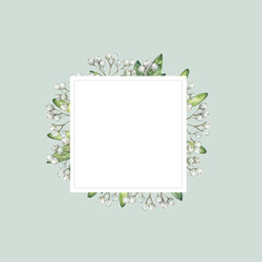 Square decorative watercolor mistletoe berries frame. Wreath in soft green and white for holiday cards with copy space. Ideal for cards or invitations. Simple and elegant design.
