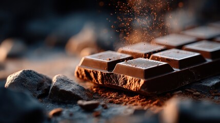 Dark chocolate bar breaking in slow motion, cocoa dust flying, glossy texture
