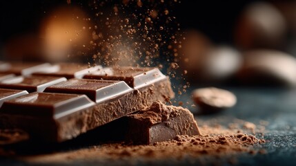 Dark chocolate bar breaking in slow motion, cocoa dust flying, glossy texture