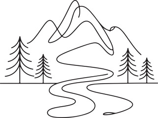 Continuous Line Art Illustration of Mountain Peaks River and Pine Trees