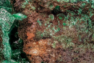 Microphoto of malachite and limonite from Kamenushinskoe deposit, Russia — green aggregates and brown inclusions for collections and research