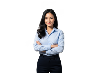 Professional young asian woman standing confidently with arms crossed isolated on transparent background