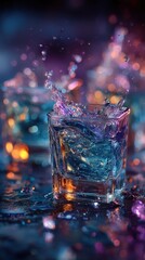 Dynamic photo of 4 blue alcoholic drinks in a clear glass, motion blur and flash effect, vibrant nightlife aesthetic
