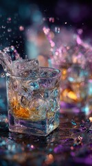 Dynamic photo of 4 blue alcoholic drinks in a clear glass, motion blur and flash effect, vibrant nightlife aesthetic