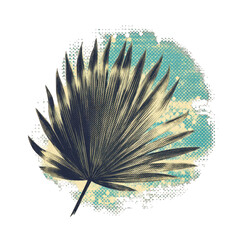 Vintage poster halftone style tropical palm leaf icon isolated