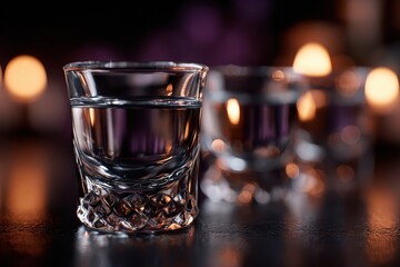 Dynamic photo of 4 blue alcoholic drinks in a clear glass, motion blur and flash effect, vibrant nightlife aesthetic
